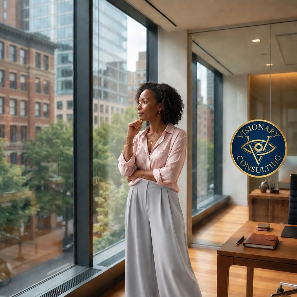 Executive pausing thoughtfully by a window with the Visionary Consulting medallion on the glass